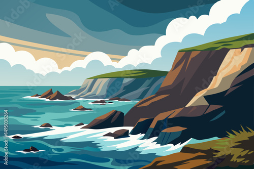 Dramatic rocky coastline with waves crashing under clouds vector illustration