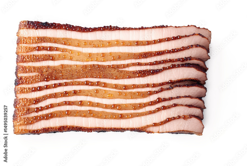 Fototapeta premium Roasted Pork Belly Perfectly crispy pork belly with crackling skin, sliced to reveal its juicy layers. A glossy glaze glistens