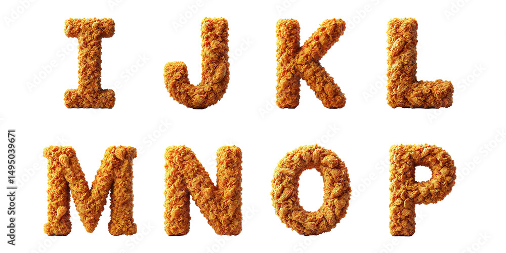 Concept of fried chicken alphabet typography : Letters I, J, K, L, M, N, O, and P made from crispy fried chicken texture, isolated on white background Concept of fried chicken alphabet typography : Letters I, J, K, L, M, N, O, and P made from crispy fried chicken texture, isolated on white background