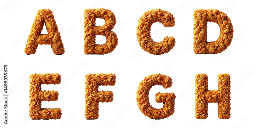 Concept of fried chicken alphabet typography : Letters A, B, C, D, E, F, G, and H made from crispy fried chicken texture, isolated on white background Concept of fried chicken alphabet typography : Letters A, B, C, D, E, F, G, and H made from crispy fried chicken texture, isolated on white background