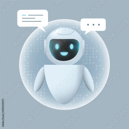 AI Chat bot Mascot. Robot with speech bubble. Virtual smart assistant bot. Personal assistant concept. Machine learning, Neural network