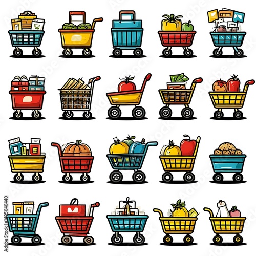 shopping cart icons with goods, bright shopping pictures on a white background, carrots, vegetables, milk, bags, basket, sausage