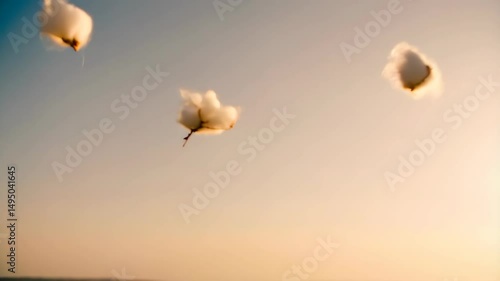 Four cotton bolls floating gently against a soft pastel blue and orange sky creating a peaceful and ethereal scene with natural light