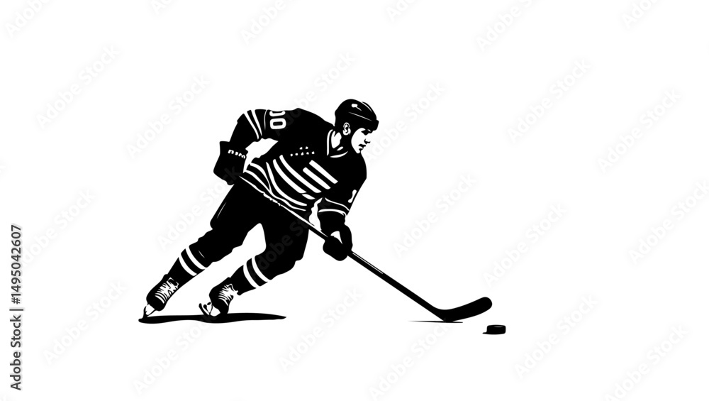 Fototapeta premium Hockey player silhouette vector, silhouette, sport, hockey, ski, player, vector, illustration, winter, ice, skier, skiing, sports, people, stick, black, action, game, athlete, activity, competition, b