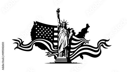 statue of liberty vector illustration, vector, illustration, flag, cartoon, usa, woodcut, woman, design, art, vintage, sketch, drawing