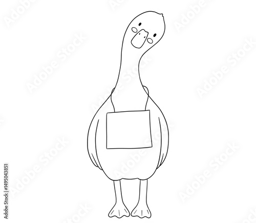 Cute baby goose with blank template banner for memo, planner, notebook, paper cards, notes, labels. Funny cartoon outline bird isolated on white