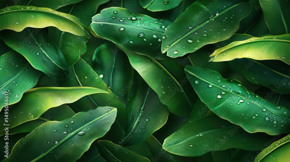 Fototapeta premium Lush green leaves, vibrant tropical foliage, with water droplets