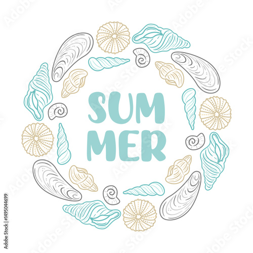 A circular arrangement of hand-drawn seashells in pastel colors surrounds the text summer in a playful, handwritten font. The design evokes a beachy, summery atmosphere