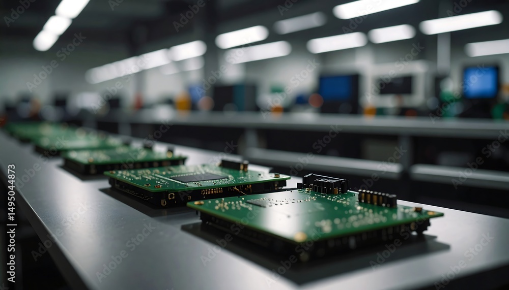 Fototapeta premium Electronic Circuit Boards on Assembly Line in Tech Factory Modern Manufacturing Industry