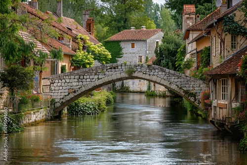 A medieval stone bridge with a small tower on either end, arching over a calm river in the heart of a quaint village 