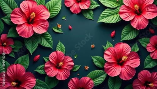 Vibrant hibiscus blooms, lush green leaves, repeating pattern , tropical, artwork, flower