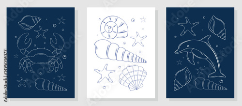Set of minimalistic posters with hand drawn shells, clams and a dolphin and crab in sketch style. Summer vector illustration for templates, labels, postcards, menus, prints, posters.