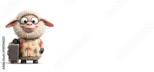 Fototapeta Naklejka Na Ścianę i Meble -  character with suitcase. animal in Hawaiian summer shirt and carrying suitcase on white background. concept of travel, vacation and rest. Wide banner with space for text. funny sheep  travels