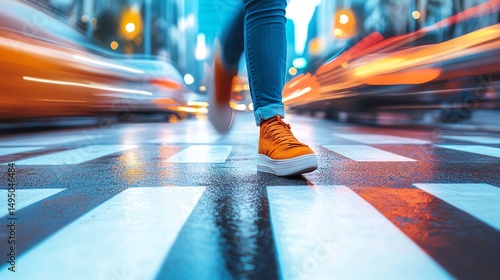 Person Walking Across Zebra Crossing in Busy City – Black and White