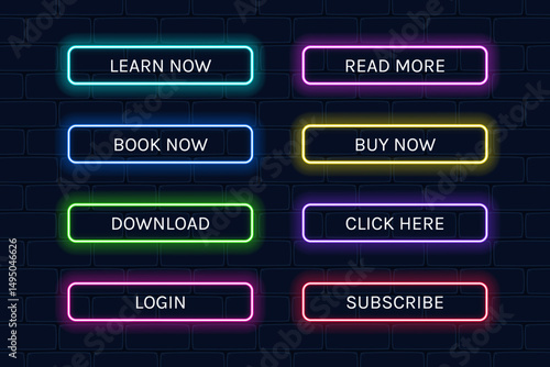Set of glowing neon buttons for web design. shiny vector action elements and icons for online use