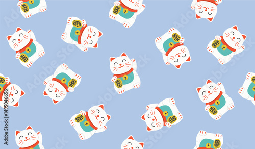 Cute maneki neko lucky cat pattern background vector design