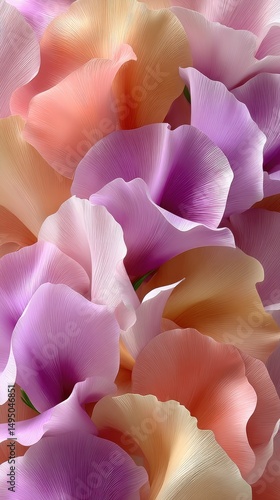 Soft light enhances the beauty of pastel flowers, blending warm pinks and cool blues in a tranquil, harmonious floral pattern