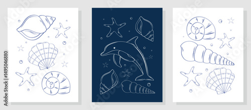 Set of minimalistic posters with hand-drawn shells, clams, and a dolphin in sketch style. Vector illustration for templates, labels, postcards, menus, prints, posters, patterns.