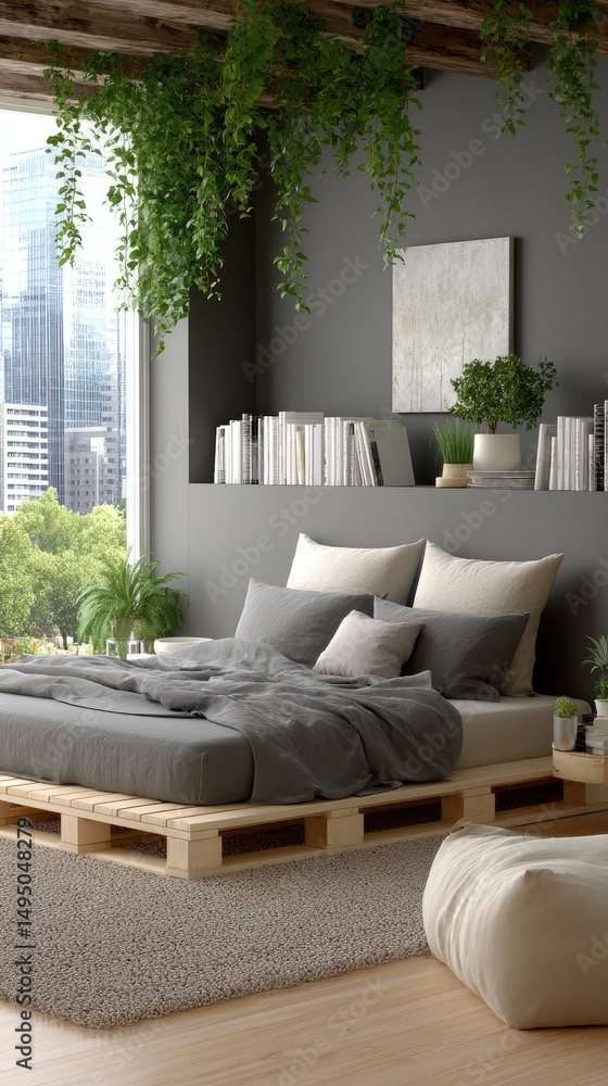 Obraz premium Bright modern bedroom showcases large windows, cozy furnishings, and vibrant greenery, highlighting a tranquil living space in the city