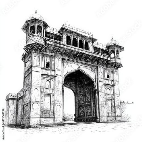 Detailed pencil sketch of the Shaniwar Wada fort gate showcasing intricate Maratha architecture with domed towers and ornate arches