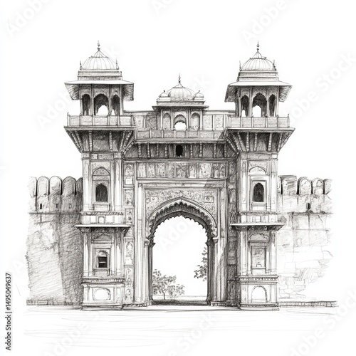 Detailed pencil sketch of the historic Shaniwar Wada fort entrance featuring Mughal-style arches, domes and ornate architectural elements