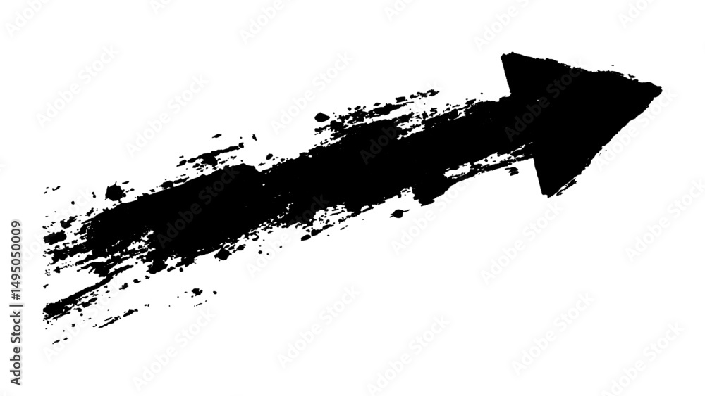 Naklejka premium A dramatic black arrow painted with splashes, symbolizing direction and action isolated on a white background.