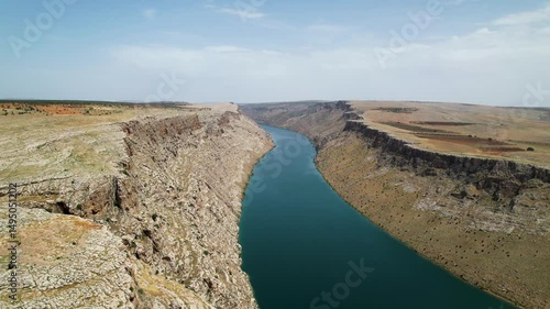 Aerial View of Ancient Settlement Remains along the Euphrates River with Surrounding Canyons – Hidden Archaeological Site in Southeastern Turkey