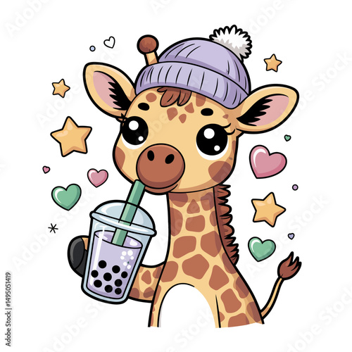 A cute giraffe wearing a purple beanie is sipping bubble tea. Surrounding the giraffe are colorful hearts and stars, creating a playful and cheerful atmosphere.