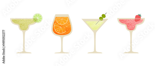 Set of summer cocktails margarita, spritz and strawberry daiquiri, martini isolated on white background. Vector illustration for menu, bars, party design.