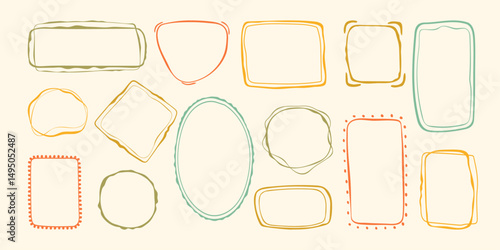 Wavy stamp frame set, vector hand drawn curved borders, abstract wiggle empty wavy curly monograms cadres kit. Minimalist squiggle scribble swirl design elements. Isolated. Vector illustration.