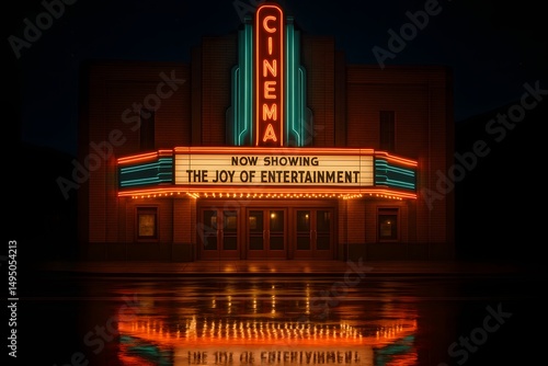 Art Deco cinema illuminated at night with a reflective surface below.
