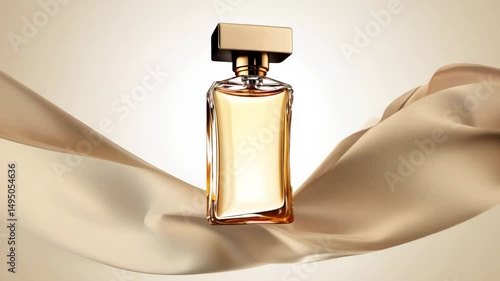 Luxurious perfume bottle on silky fabric background, elegant presentation of fragrance product for beauty and cosmetic advertising concept