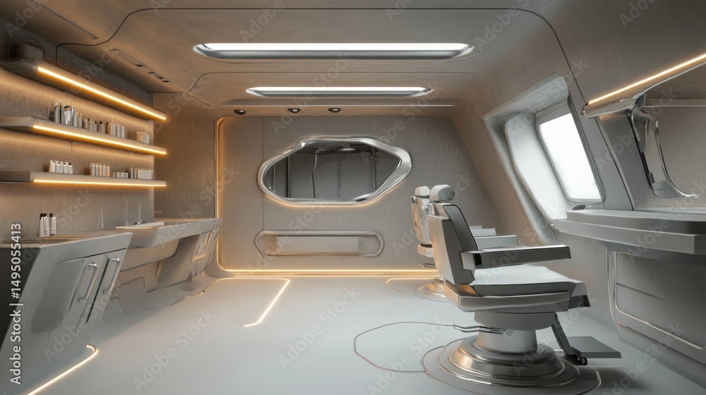 Fototapeta premium Futuristic, minimalist barber shop interior