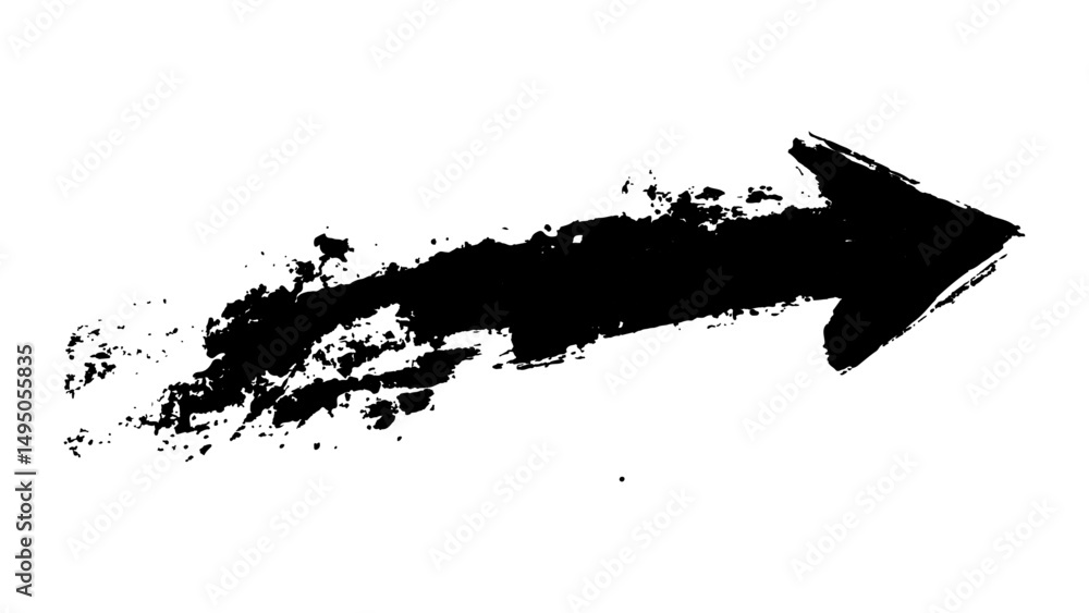 Naklejka premium Bold black arrow white background. A dramatic black arrow painted with splashes, symbolizing direction and action isolated on a white background.