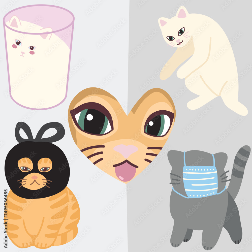 Obraz premium Set of funny cat in glass, sleeping cat, thief cat, paper cat, and mask wearing cat meme illustration