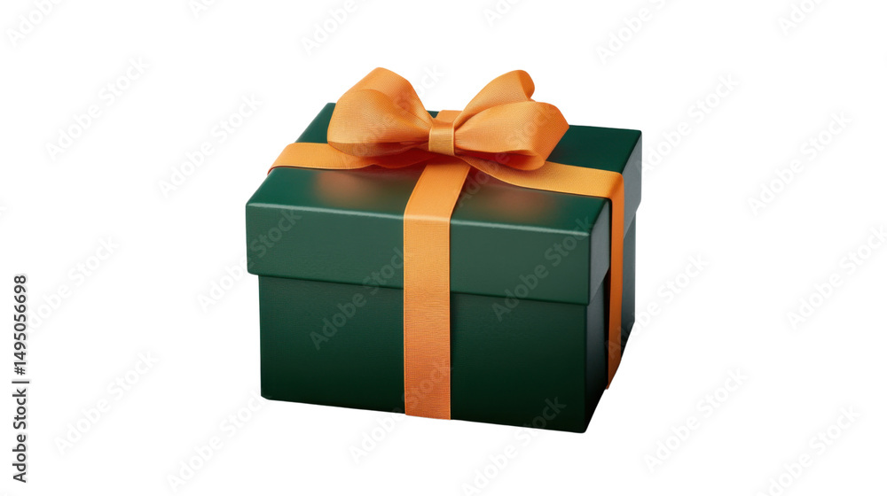 Obraz premium Green Gift Box Wrapped with Orange Ribbon and Decorative Bow Isolated on White Background
