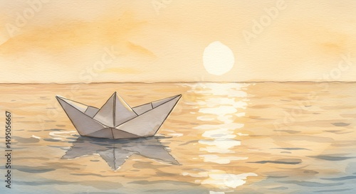 Paper Boat on Sunset Sea: A Peaceful Watercolor Scene