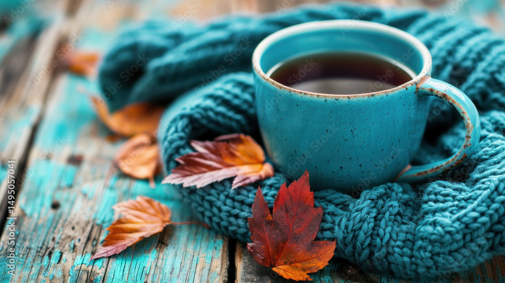 Cozy Autumn Scene with Coffee Mug Wrapped in Knitted Scarf and Colorful Leaves on Rustic Wooden Surface Cozy Autumn Scene with Coffee Mug Wrapped in Knitted Scarf and Colorful Leaves on Rustic Wooden Surface