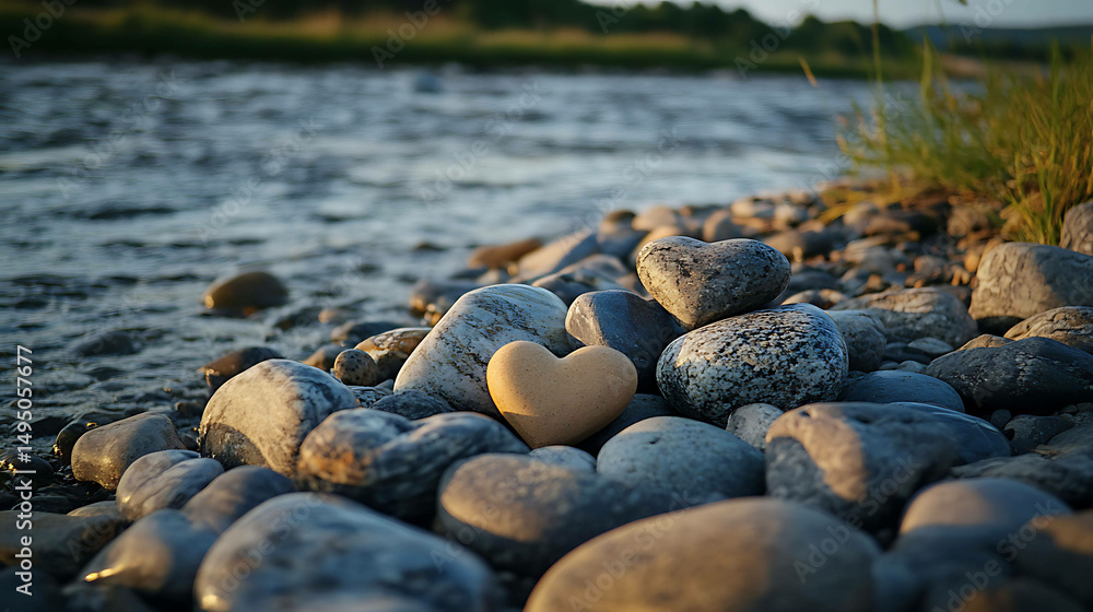 Obraz premium A collection of heart-shaped rocks by a riverbank