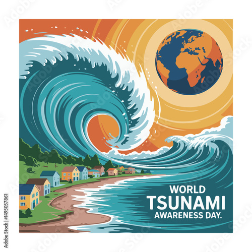 Giant waves threaten coastline dwellings while Earth oversees the World Tsunami Awareness Day scene