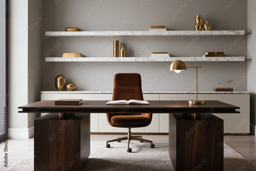 Obraz premium High-end home office with dark wood desk, velvet reading chair, designer lighting, and elegant modern decor – perfect for luxury lifestyle, productivity, and stylish interiors.