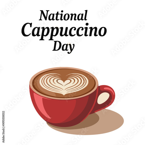 Heart patterned cappuccino in a red cup celebrates National Cappuccino Day with a transparent background