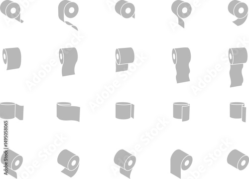 Collection of 20 minimalist grey toilet paper roll icons, showcasing various angles and perspectives. Perfect for hygiene, cleanliness, and bathroomrelated designs.