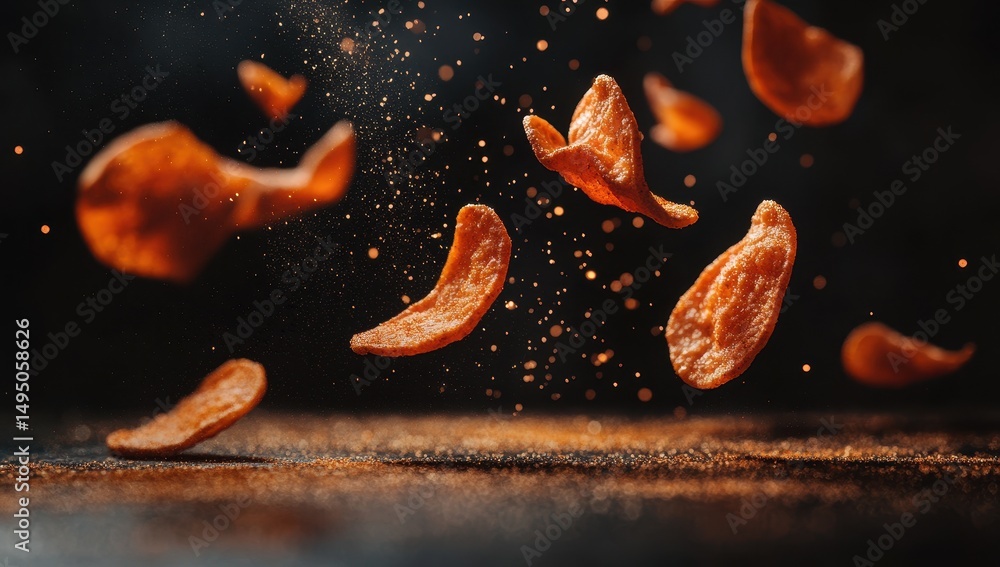 Orange chips in mid-air against dark background Orange chips in mid-air against dark background