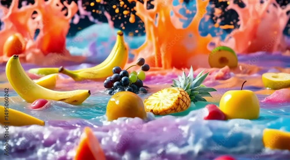 Close-up of various fruits (bananas, grapes, apples, pineapple, grapefruit) amidst a vibrant, colorful splash of liquid. Close-up of various fruits (bananas, grapes, apples, pineapple, grapefruit) amidst a vibrant, colorful splash of liquid.