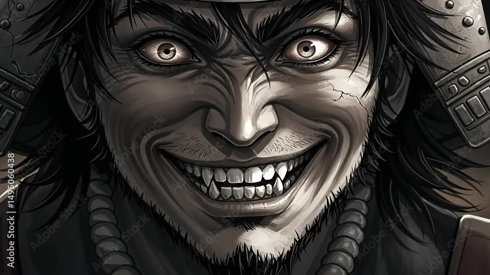Pixelated Portrait Of Grimacing Japanese Warrior With Intense Expression And Gleaming White Teeth Pixelated Portrait Of Grimacing Japanese Warrior With Intense Expression And Gleaming White Teeth
