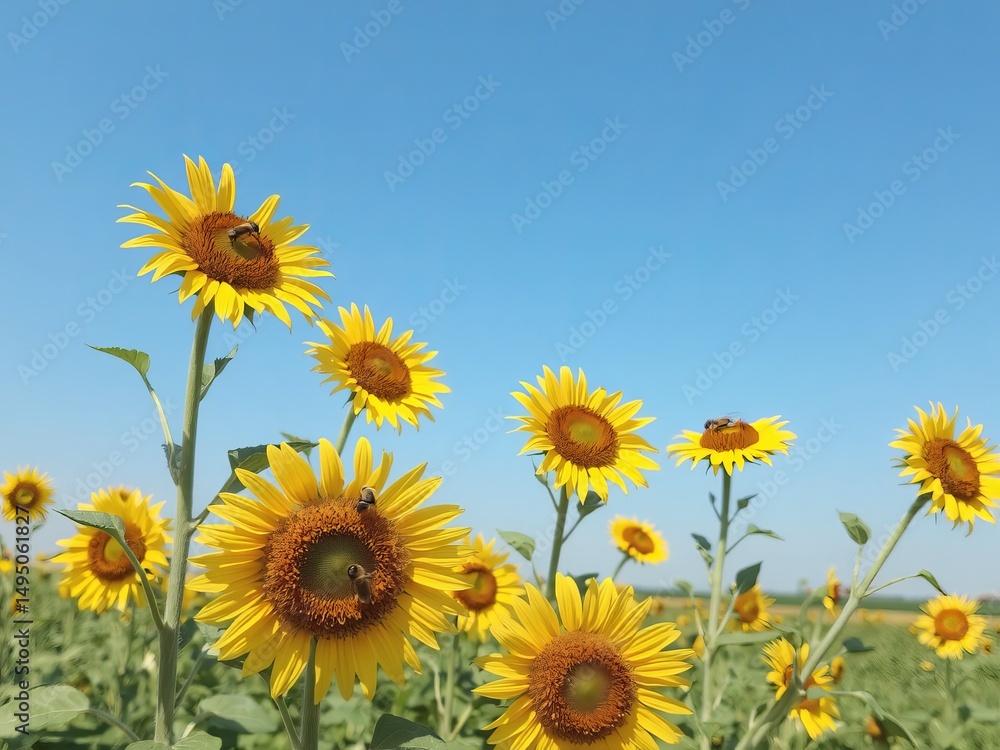 A field of sunflowers in full bloom under a clear blue sky with bees pollinating the bright yellow flowers A field of sunflowers in full bloom under a clear blue sky with bees pollinating the bright yellow flowers