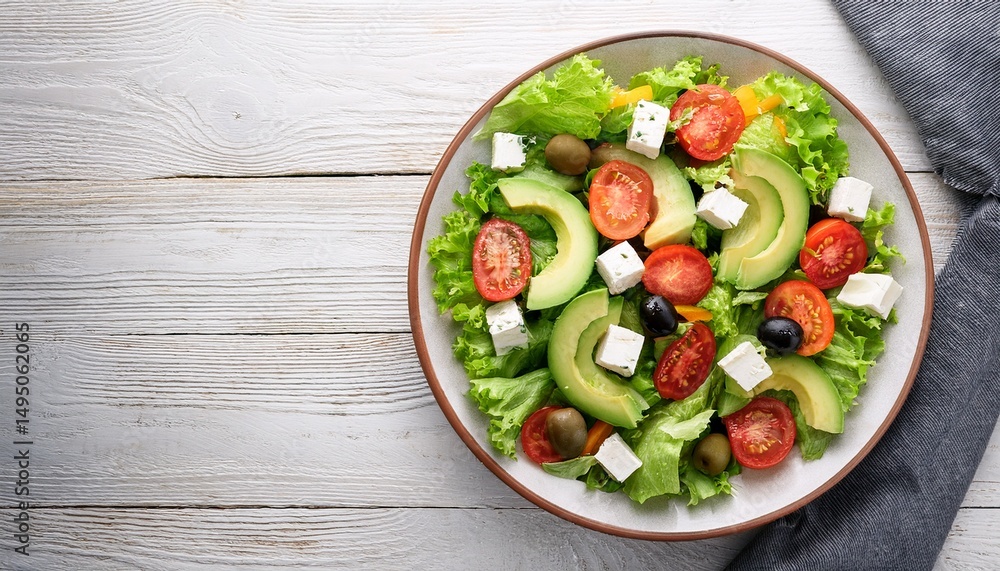 Top view of fresh salad made by avocado, feta cheese, olives, lettuce and cherry tomatoes on a white plate on white wooden table. Generated image Top view of fresh salad made by avocado, feta cheese, olives, lettuce and cherry tomatoes on a white plate on white wooden table. Generated image