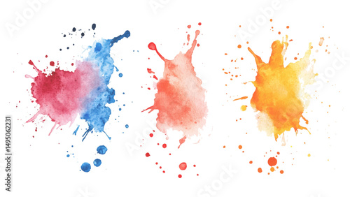 Three watercolor stock brush on white background. Set of watercolor circles multicolored, Colors watercolor paint stains vector backgrounds.