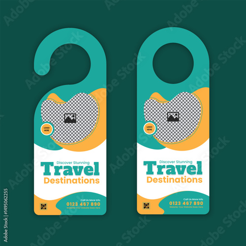 Travel agency door hanger design template for tourism services and holiday promotion

